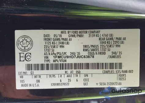 2018 Ford Escape Sel z USA, uszkodzony, nr VIN 1FMCU9HD7JUC63878